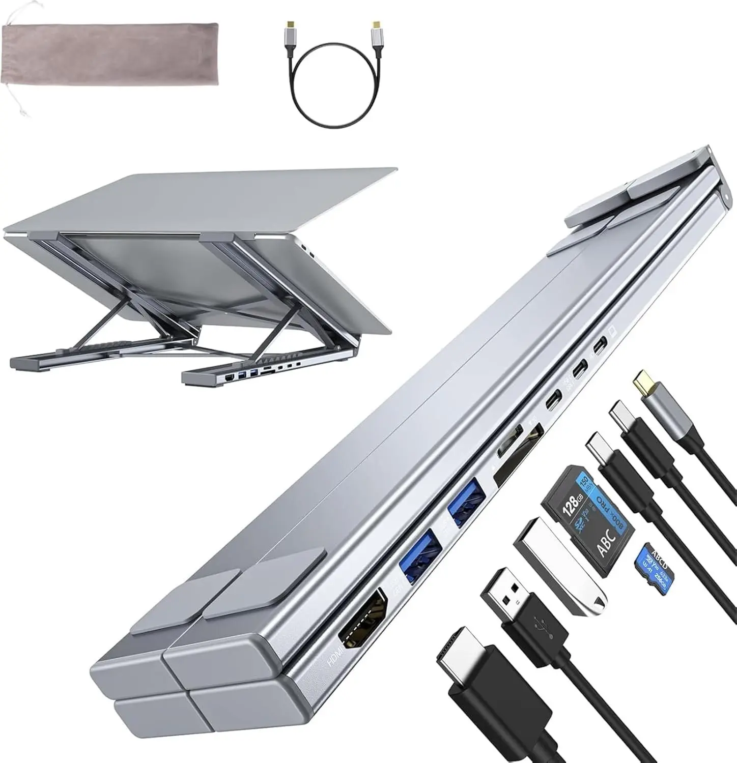 Laptop Stand with Docking Station, 8 in 1 USB C Hub HDMI Portable Laptop Stand for Desk with USB Ports, Multiport USBC Dock Stands Foldable Adjustable Computer Riser Holder Dongle for MacBookGift.