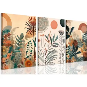 Framed Boho Burnt Orange Botanical Floral Canvas Wall Art Abstract Terracotta Jungle Poster Pictures Set of 3 Flower Prints Painting Home Decor for Bathroom Bedroom Living Room 12"x16"