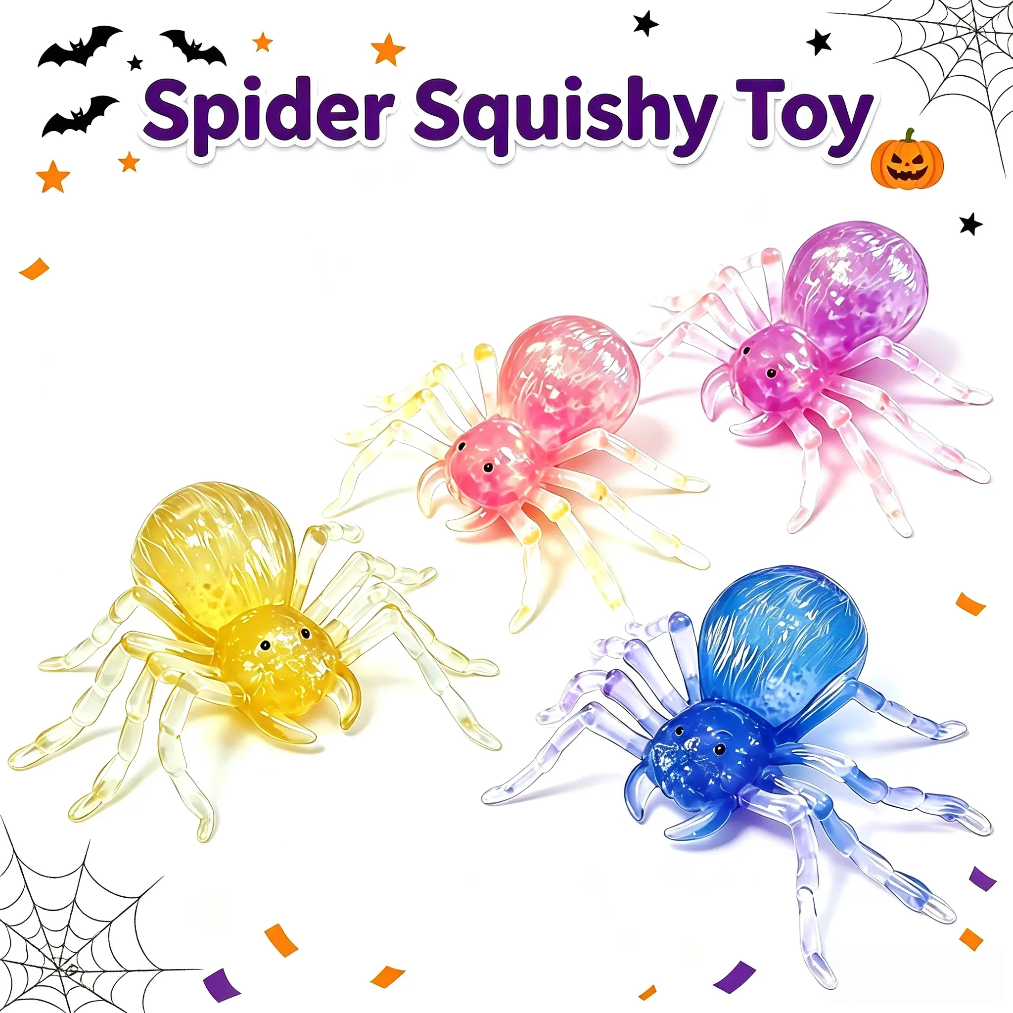 KIDGENIUS Squishy Fidget Toy Halloween Spider, Transparent Stretch Squeeze Stress Relief Kids' Party Prank Prop, Goodie Bag Filler & Favors