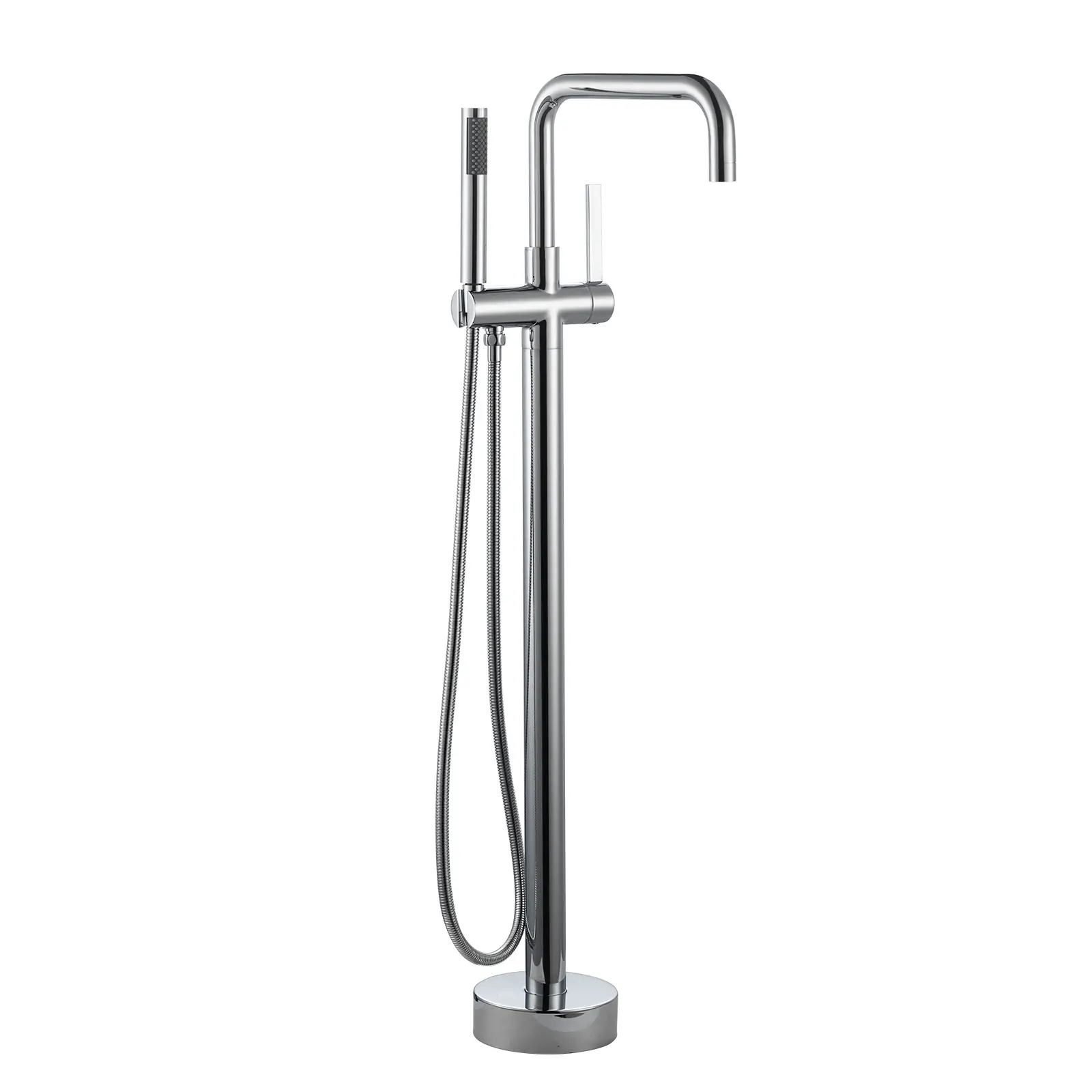 WOWOW Polished Chrome Single-Handle Freestanding Waterfall Bathroom Faucet - Brass-Body Floor-Mount Bathtub Filler with Handheld Shower