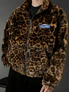 Unisex style, Y2K-inspired, brown leopard-print faux fur jacket with insulating fleece lining. “Challenge” patch decoration. Suitable for streetwear, high-end fashion, men’s gifts, couples’ outfits, and trendy fashion Coats