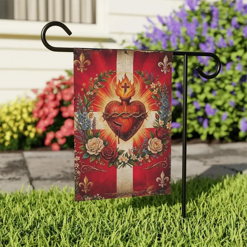 Sacred Heart Catholic Garden Flag, Christian Faith Banner, Religious Outdoor Decor, Floral Yard Flag, Spiritual Gift, Front Porch Accent