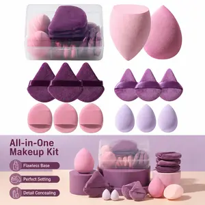 Makeup Sponge Set Triangle Puff 14 Pcs for Liquid, Cream, and Powder, Multi-colored Makeup Sponges and Mini Sponge with Case (A-Purple)