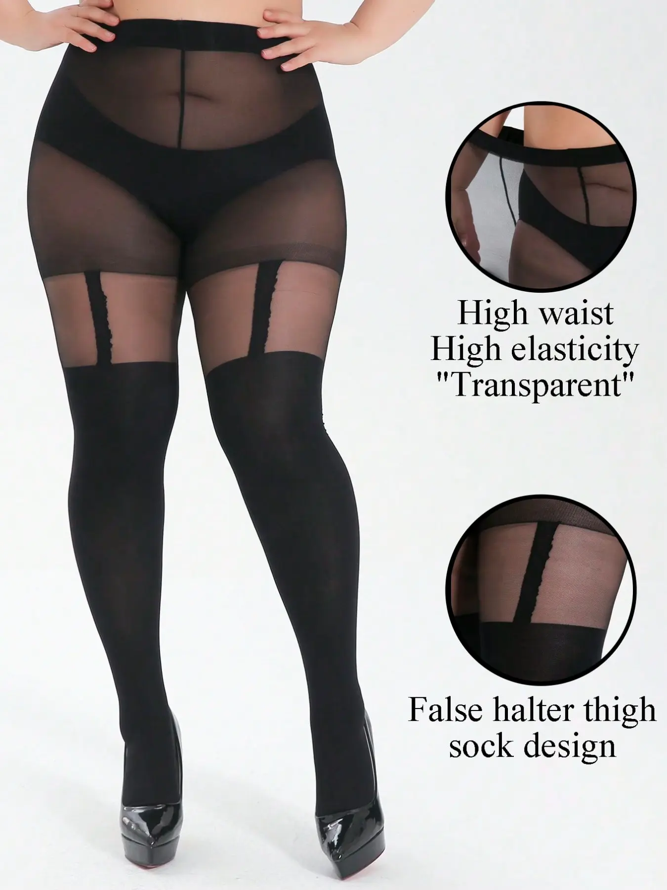 Women's Skinny Tights, Sexy Faux Suspender Thigh High Stockings, Plus Size, High Elasticity, Slim-Fitting, Semi-Sheer Pantyhose, All Seasons, Underwear, Shapewear Lingerie
