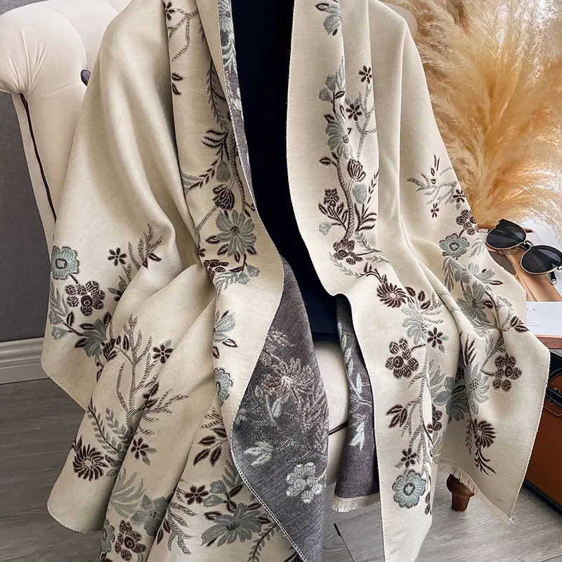 Women's Elegant Floral Pattern Fringe Scarf, Soft Warm Tassel Decor for Fall & Winter, Fashion Accessory for Women, Boho Style Shawl, Trendy Shawl