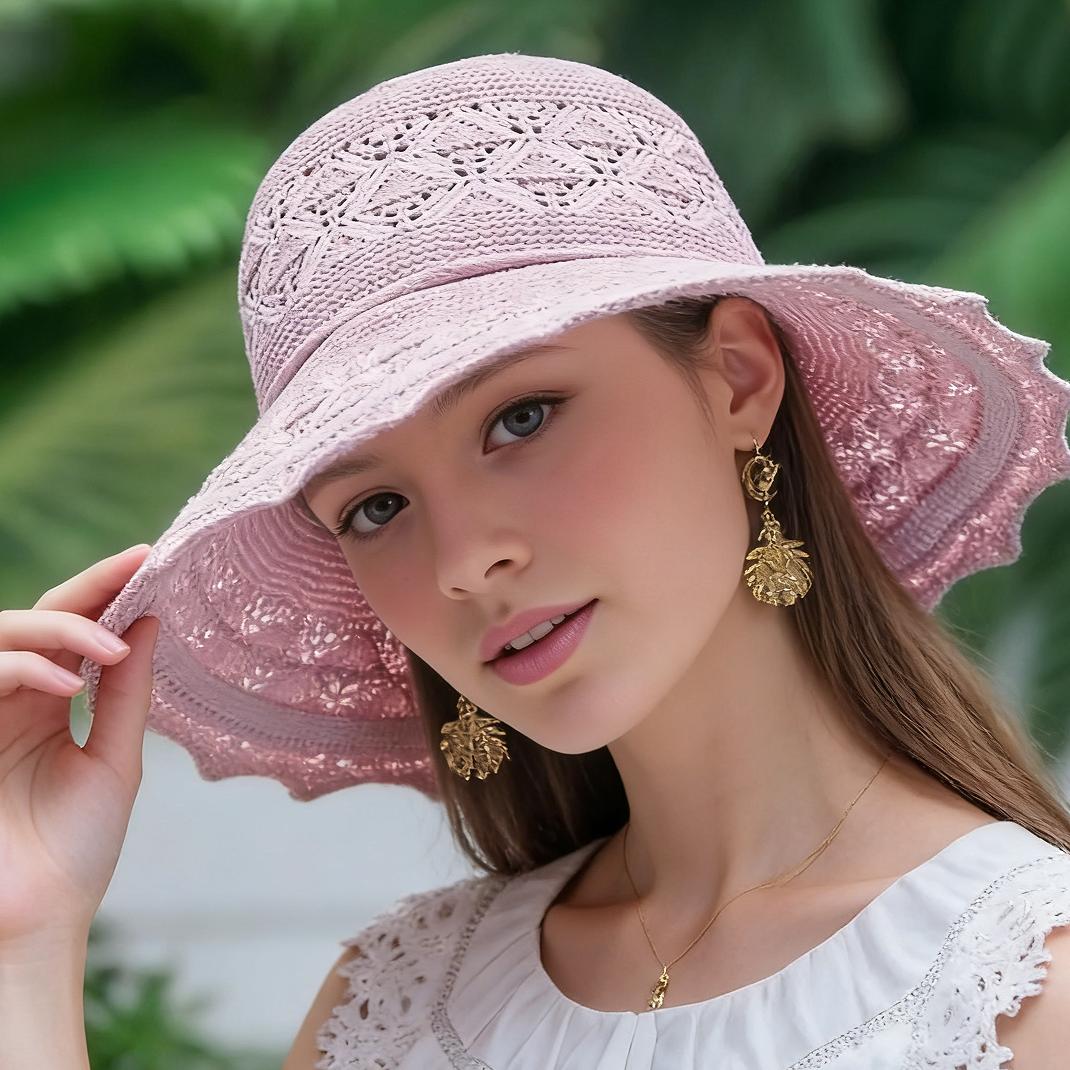 Handmade Breathable Crochet Sun Hat with Wide Ruffled Brim - Luxury Lace Embroidery Summer Hat - UPF 50+ Sun Shade Cap for Women - Lightweight Foldable Cotton Straw Hat for Gardening, Beach & Cruise