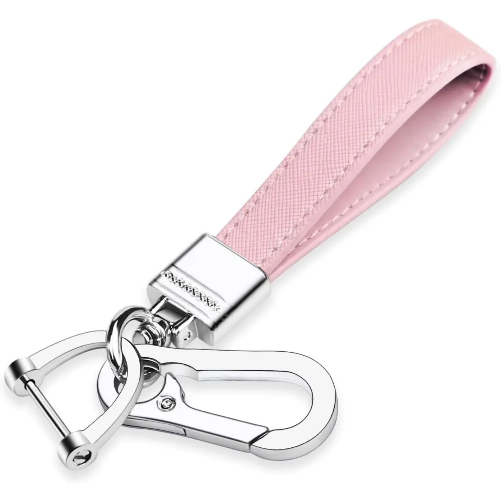 Genuine Leather Keychain For Car, Universal Heavy Metal Key Chain Accessories, Key Chain Holder For Car Fob Key with 360 Degree Rotatable Snap Swivel and Anti-Lost D-Ring For Men,Women(Light Pink)