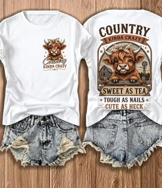 Women's Cotton Short-Sleeve Round Neck Western Cow Print T-Shirt - Loose Fit Ranch Top with Cow Typography, Turtle Accent, Machine Washable for Casual Wear, Farm Outfits, Shortsleeve