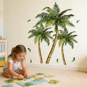 2Pcs/Set (3060cm2pcs) INS Style Tropical Palm Tree Wall Stickers, Watercolor Coconut Tree and Scattered Leaves Elements, Self-Adhesive Wall Renovation Stickers