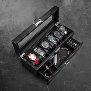 Luxury 2-Layer Watch Organizer with 6 Slots & Jewelry Drawer Glass Display Case for Watch Collectors and Jewelry Enthusiasts