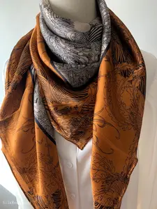 Mulberry Silk Scarf: Floral Sketch Print, Large Square Shawl (43"x43")