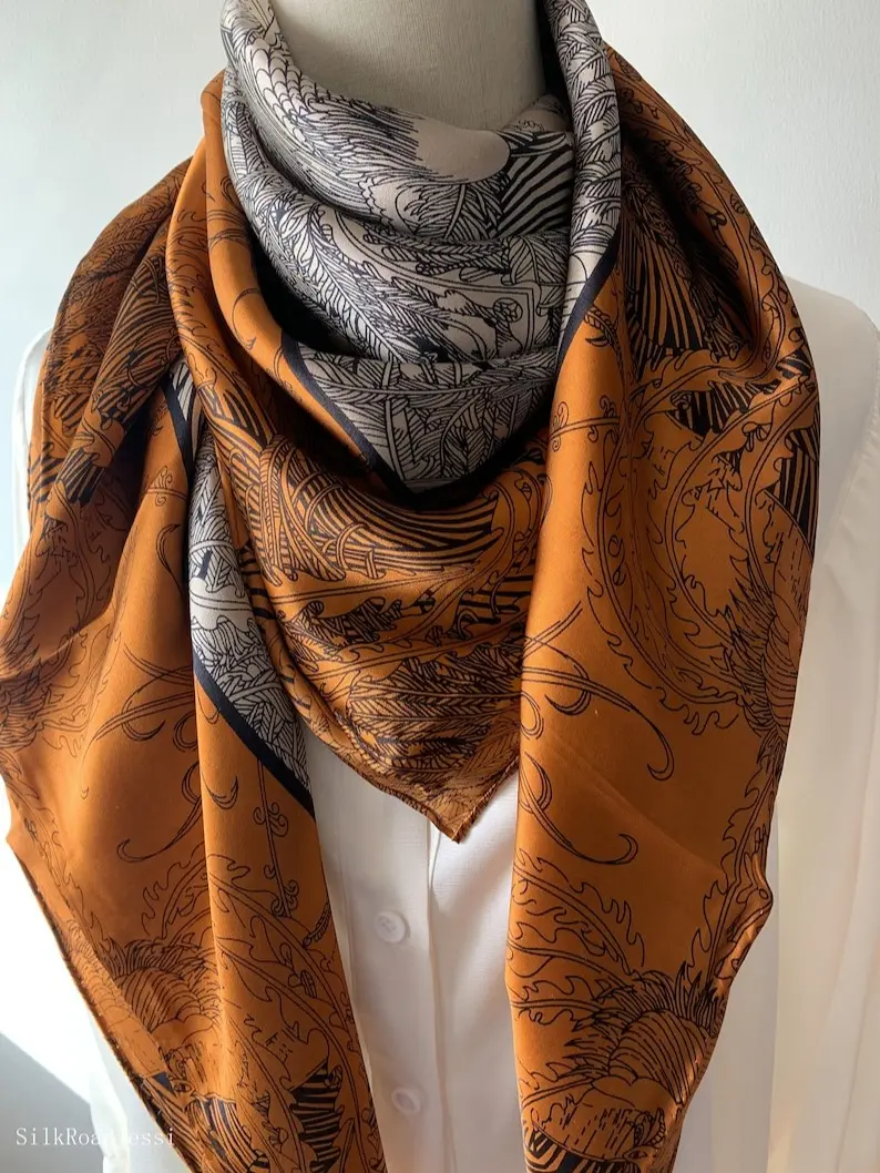 Mulberry Silk Scarf: Floral Sketch Print, Large Square Shawl (43"x43")