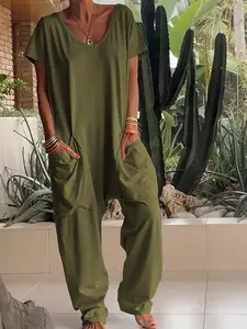 Dopamine Harem Jumpsuit, V-Neck Romper with Pockets, Boho Style Fitted Solid Color, Perfect for Tropical Vacations & Beach Getaways