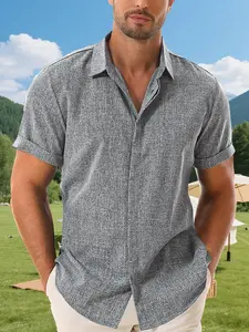 Men's Summer Fashion Party Invisible Button Shirt, Casual Button Collared, Dark gray Casual Short Sleeve Top, Loose Outdoor Style, Ideal for Camping Weddings Parties, Menswear