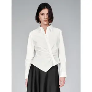 URBAN REVIVO 2026 Spring Viscose-Linen Fabric Lady's Fitted Slim Wrap Blouse - Minimalist Basic Casual Top, Elegant Short-Sleeve Open Shirt with Pleated Irregular Hem & Asymmetric Design (UWM260039)