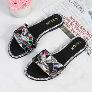 Women's Bohemian Beaded Slide Sandals, Sparkly Rhinestone & Colorful Bead Embellished Open Toe Flat Sandals, Non-Slip Casual Summer Slip On Sandals