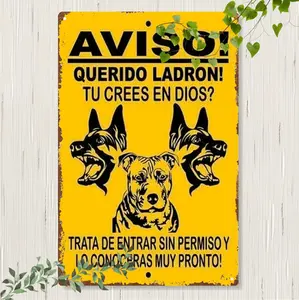 Humorous 3-Headed Dog Spanish Metal Sign, Home & Outdoor Decor Accent for Home Supplies