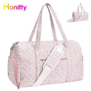 Floral Quilted Duffle Bag with Vented Shoe Compartment  Aesthetic Weekender Bag for Women | Large Capacity Travel Carry-on | Water-Resistant Hospital & Gym Bag | Fits Personal Item Size Trainer Bag Sporty Pocket Design Tail Bag, Gifts For Women