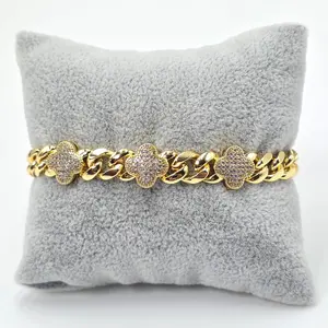 Flower Set Cuban Link Bracelet Size 7 Inches B19 Gold Tone with Diamond Accents