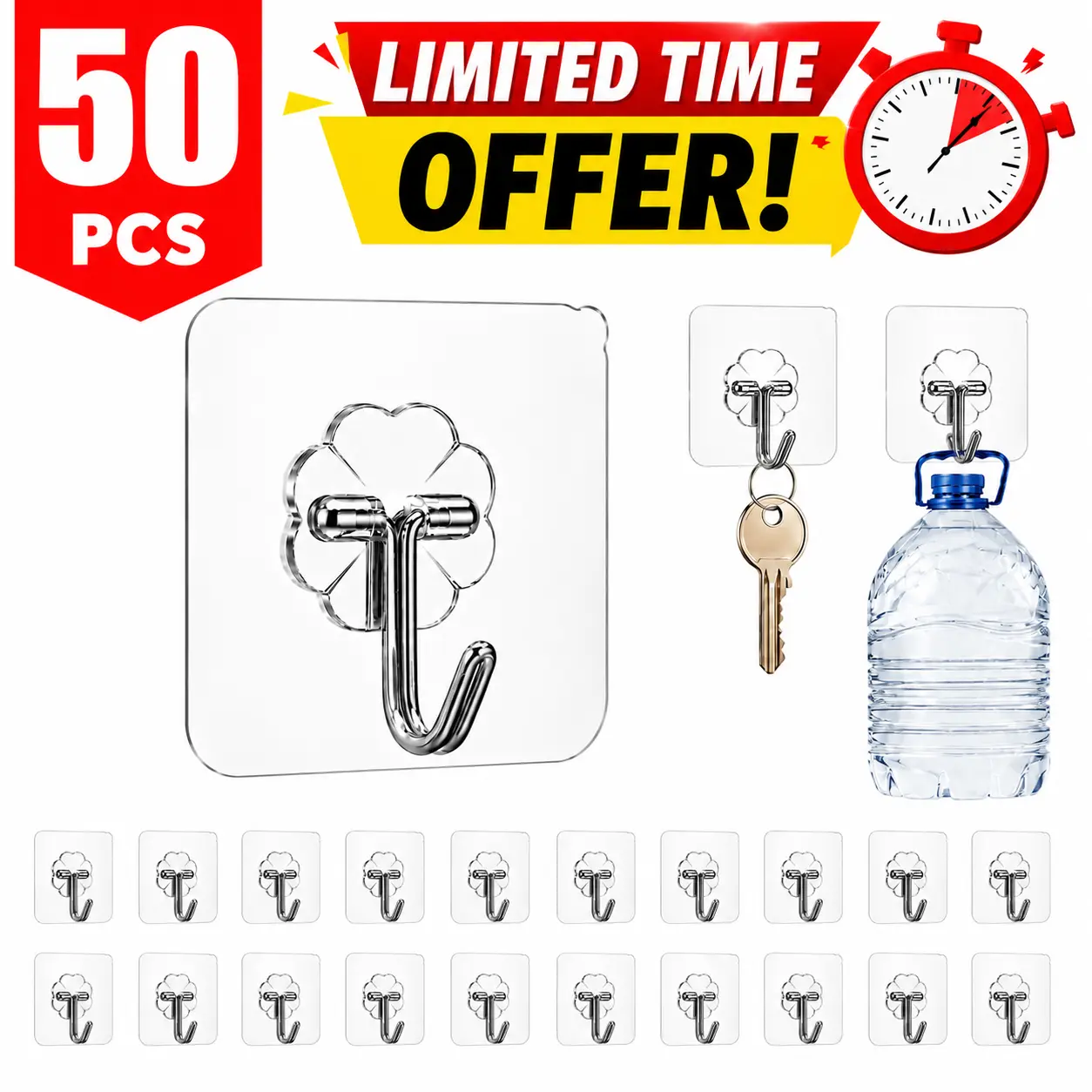 Heavy Duty Adhesive Wall Hooks, 22lb Sticky Hooks for Kitchen Bathroom, Strong Sticky Hooks for Coats Towels Keys CookwareWaterproof Clear Hooks No Drill, Damage Free Wall Mount hooks
