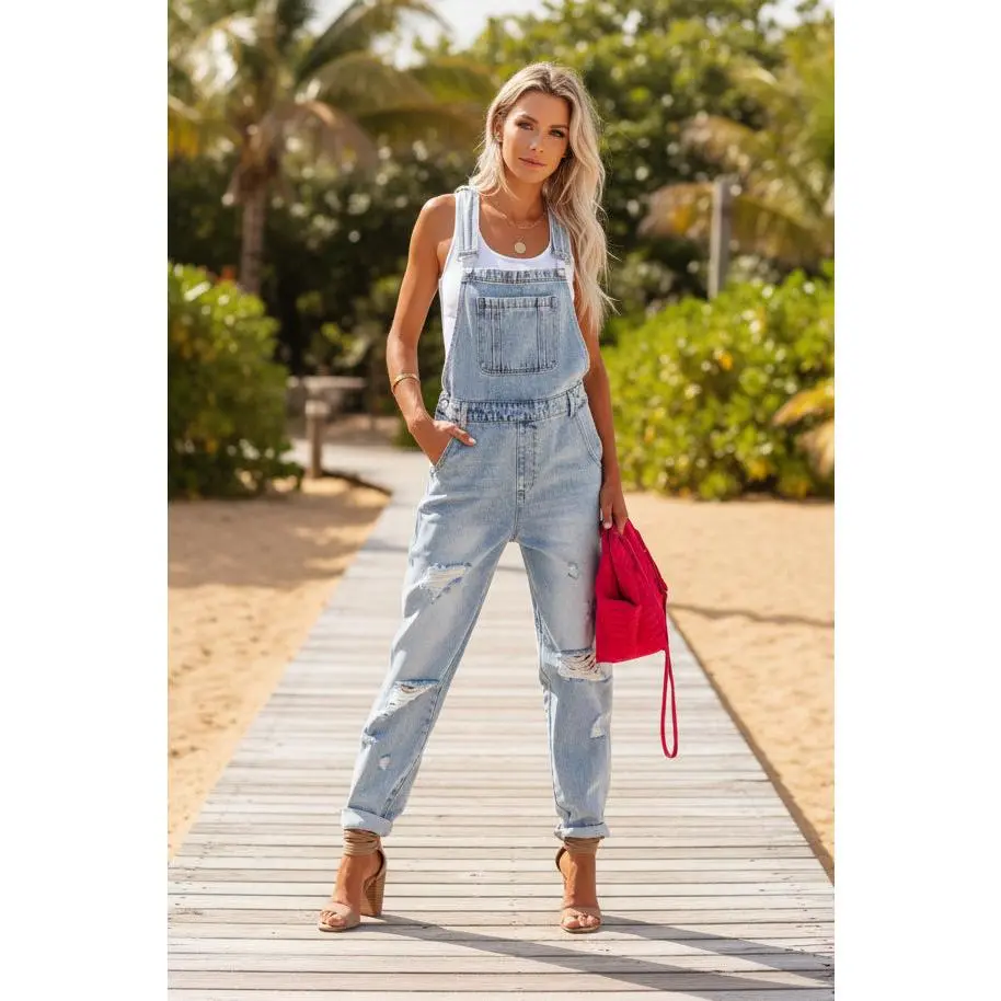 Women's Cropped Ripped Denim Overalls – Streetwear Strap Bib Jeans