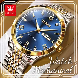 OLEVS 6602 Men's Automatic Mechanical Watch, Luxury Blue Dial, Two-Tone Stainless Steel, Date & Week Display, Luminous Waterproof Business Dress Wristwatch