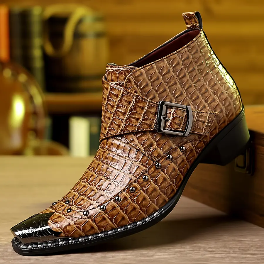 Luxury Crocodile Pattern Dress Boots for Men Elegant Vintage Leather Ankle Boots with Buckle Detail Pointed Toe Formal Casual Western Style Comfortable Slip Resistant Shoes