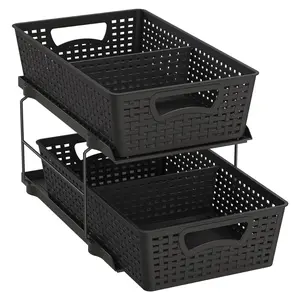 2-Tiered Perforated Plastic Basket Bathroom Organizer with Pull-Out Sliding Tray, Under-Sink Storage Solution, Black, Two-Tiered