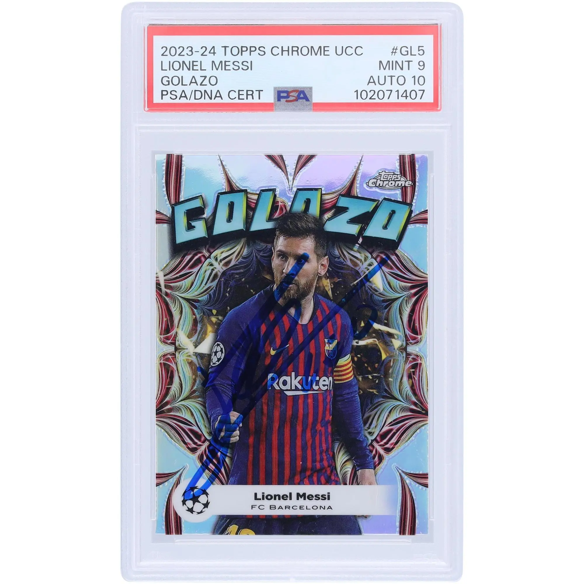 Lionel Messi FC Barcelona Autographed 2023-24 Topps Chrome UCC Golazo #GL-5 PSA Authenticated 9/10 Card - Fanatics Authentic Certified