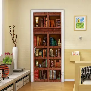 Book Shelf Pattern Door Sticker, 2 Counts/set Removable Waterproof Wallpaper, Self-adhesive Wallpaper, Decorative Sticker for Home Living Room Bedroom