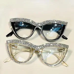 2pcs Cat Eye Rhinestone Fashion Glasses for Women, Elegant Anti-Blue Light , Stylish Full-Frame Design with Sparkling Crystals, Black & Translucent Frames, Antiblue Light Protection| Decorative Eyewear| Polycarbonate Lenses- Blocking Screens Women's Clear