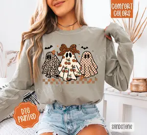 Boujee Ghost Trio Long Sleeve TShirt, Trendy Women's Halloween Tee