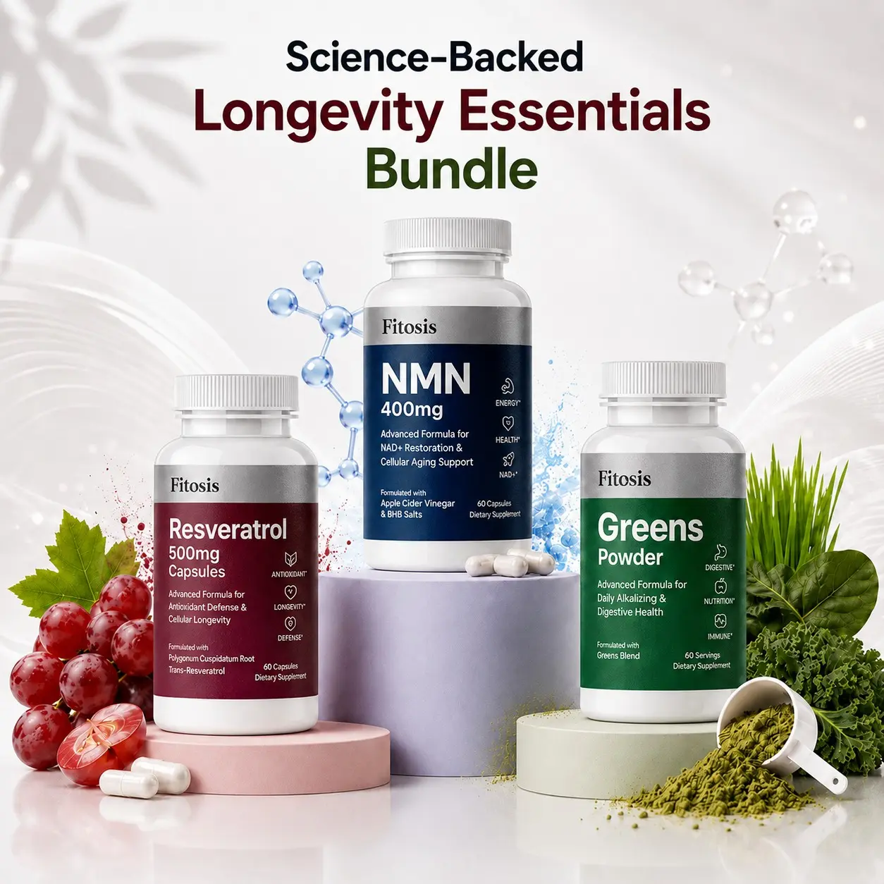 Fitosis Longevity Essentials Bundle | NMN 400mg + Resveratrol 500mg + Greens Powder | Cellular Support