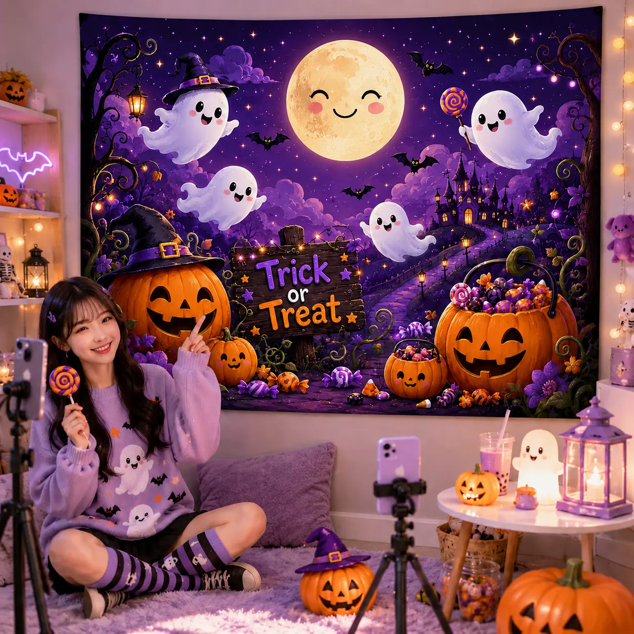 Halloween Spooky Trick-or-Treat Tapestry Backdrop - Ghosts, Pumpkins, Moon Wall Hanging Decoration, Bright-Color Artificial Pumpkin Festive Banner, Ideal for Bedroom, Party Photo Use