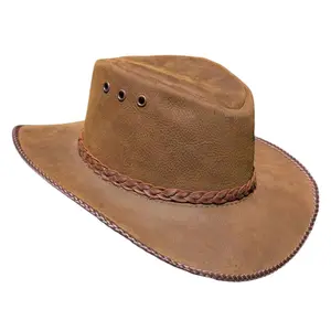 Everyday Hats-Classic Leather Hats - Black or Brown Leather Hat with Braided Trim and Eyelets for Ventilation