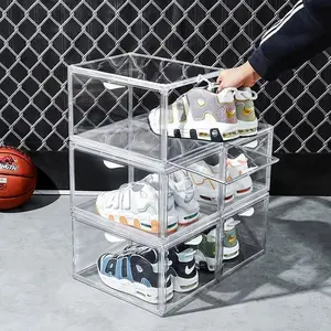 Acrylic Shoe Storage Boxes – Clear Plastic Stackable Shoe Organizer For Closet, Space Saving Shoe bins With Magnetic Doors 2 Lids Open For Sneakers, Trainers, Pumps, Heels, Flats