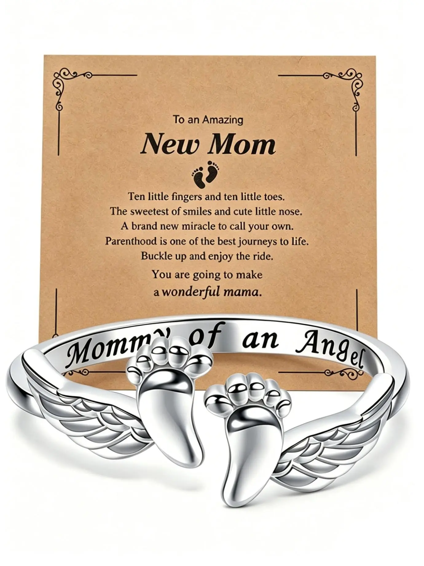 Adjustable Angel Mom Ring, Baby Footprint Ring, Elegant Stainless Steel Jewelry, Perfect Gift for Mother's Day, Father's Day, Memorial Gift