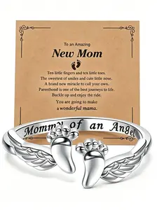 Adjustable Angel Mom Ring, Baby Footprint Ring, Elegant Stainless Steel Jewelry, Perfect Gift for Mother's Day, Father's Day, Memorial Gift