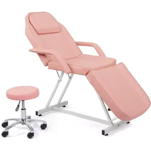 OmySalon Massage Salon Tattoo Chair Esthetician Bed with Upgraded Hydraulic Stool,Multi-Purpose 3-Section Facial Bed Table, Adjustable Beauty Barber Spa Beauty Equipment, Pink