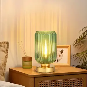 Mid Century Cordless Table Lamp, Touch Control & 3 Dimmable, Green Ribbed Glass Shade Rechargeable Battery Operated Lamp, Vintage Bedside Lamp for Bedroom, Living Room,Office (Bulb Included)