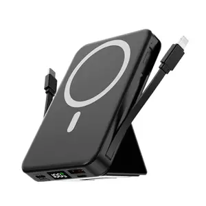 10000mAh Chargeable MagSafe Magnetic Portable Power Bank - 22.5W PD Fast Charging, Built-in USB-C/Lightning Cables, LED Display Stand Holder, for iPhone 17/16/15/14/13/12 & Android Smartphones, Wireless Charger-Orange