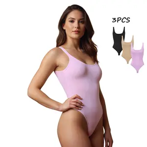 NEWMO 3PCS Women's Seamless Shapewear Bodysuit Set with Scoop Neck Jumpsuit, Thong & Covered Bust for Comfortable Slimming Fit for Daily Wear