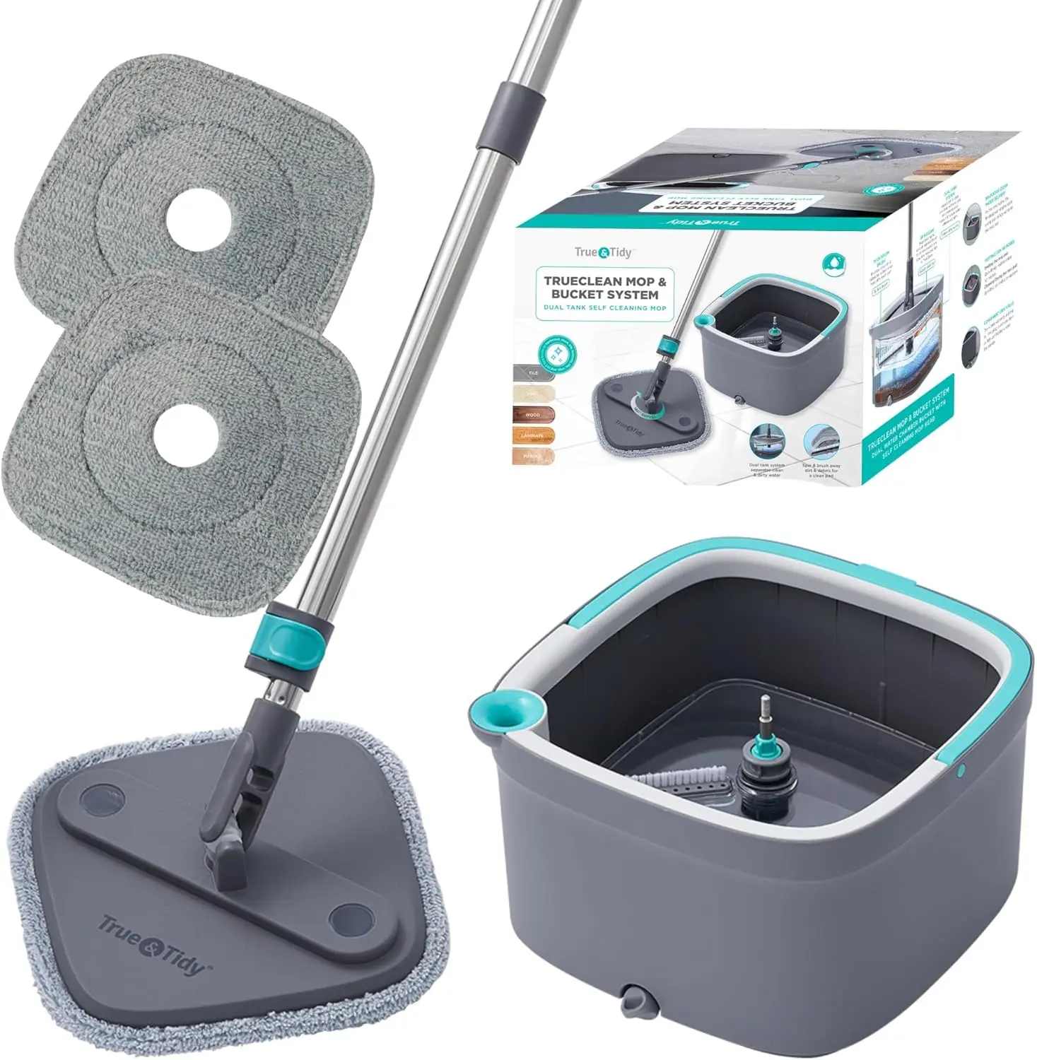 True & Tidy True Clean Mop and Bucket System, Includes Square Spin, Dual Compartment Mop Bucket and 2 Thick Machine Washable Pads