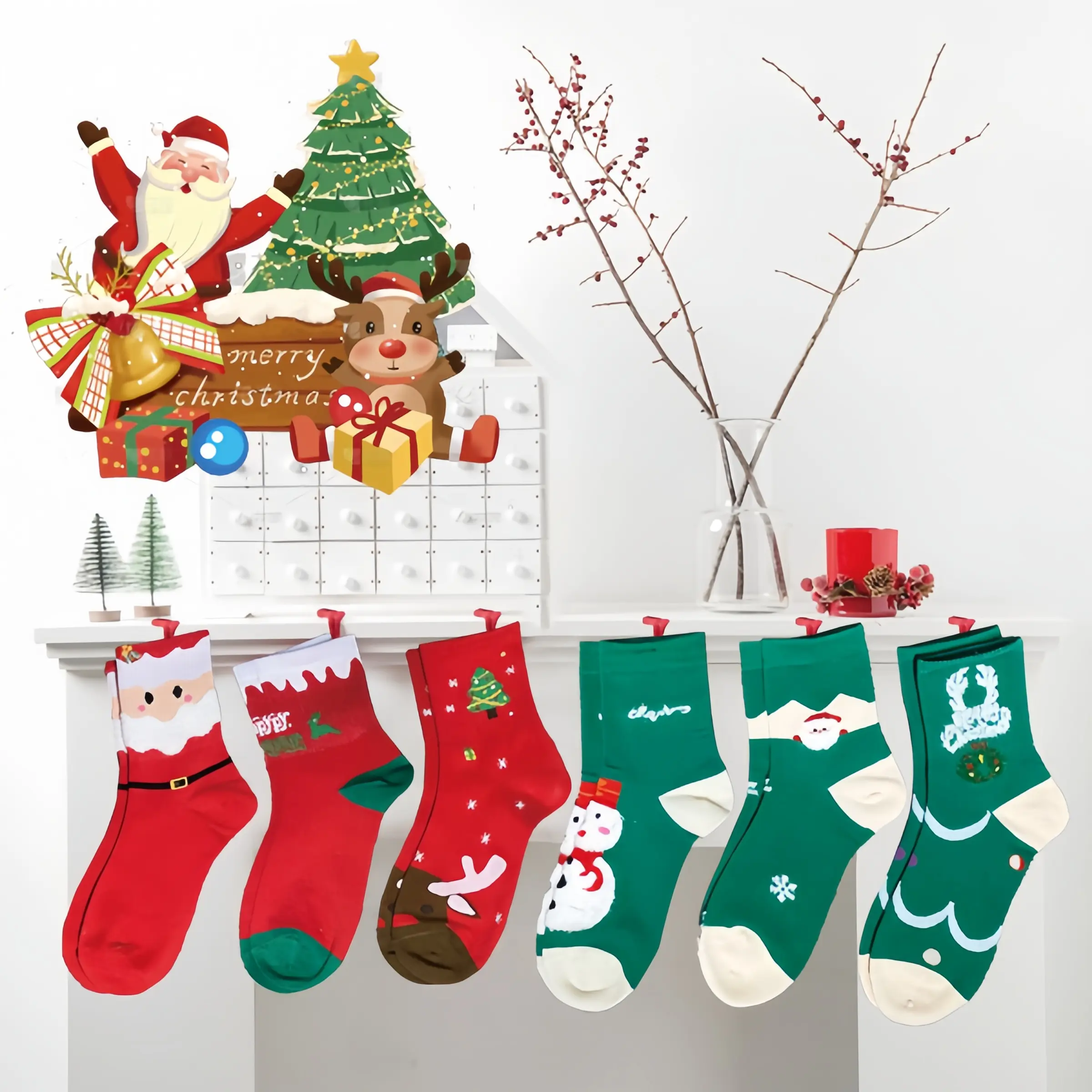 6 Pairs Christmas Crew Socks for Youth Teens, Xmas Holiday Novelty Printed Socks, Santa Reindeer Snowman Christmas Tree Pattern Casual Winter Festive Socks, Christmas Gift Stocking Stuffers for Boys Girls Teenagers