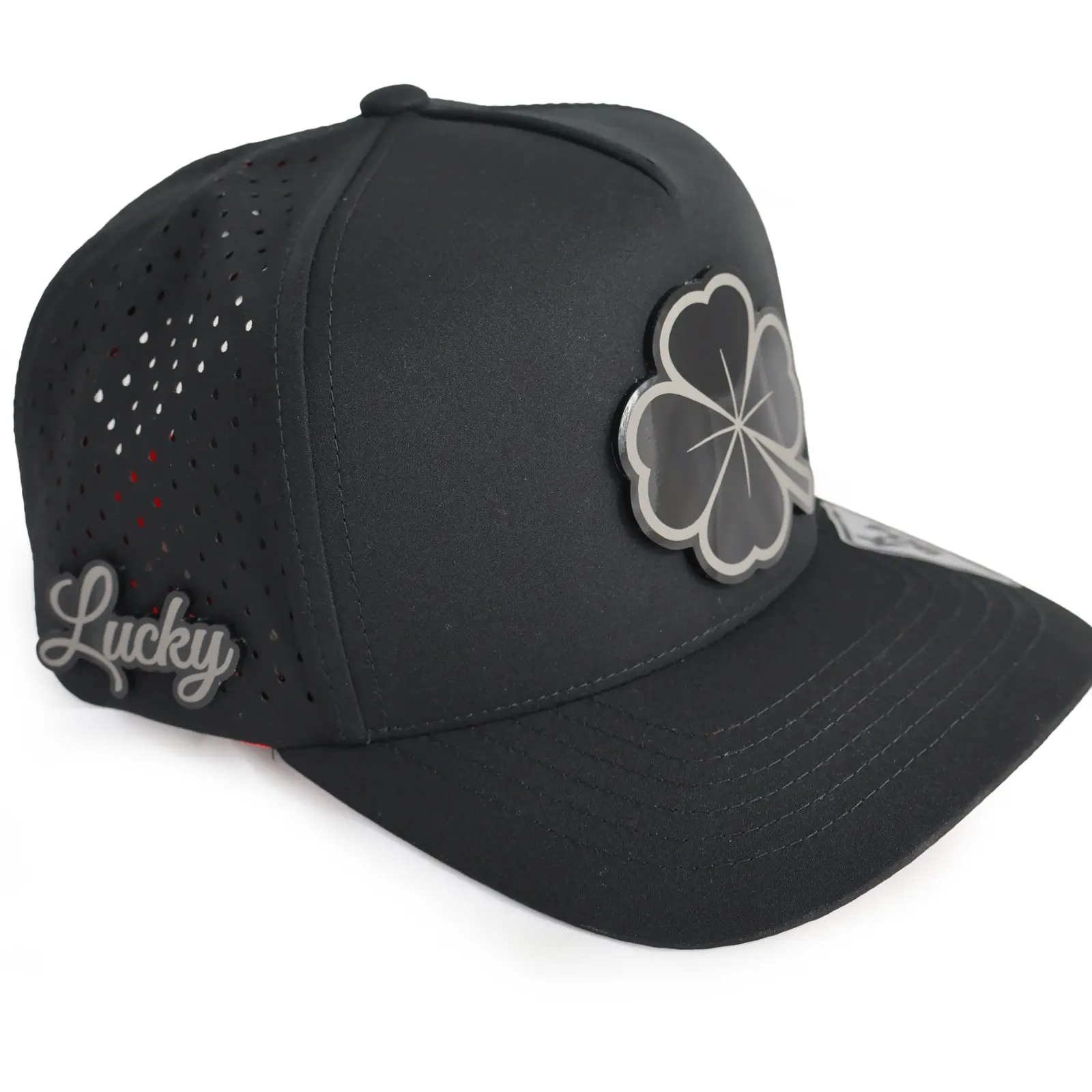 Lucky Clover Edition Black Red 804 Hydro High Crown Snapback Adjustable Visor & 4 Leaf Clover Badge Streetwear Hat