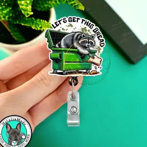 Funny Racoon Retractable Badge Reel, Let's Get This Bread ID Holder Clip, Heavy Duty Reel, Lanyard, Carabiner, MRI Safe, Gift for Nurse