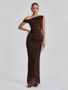 LikeMyChoice 2026 3D Floral Mesh 1-Shoulder Ruched Bodycon Mermaid Maxi Dress, Formal Evening Party Gown