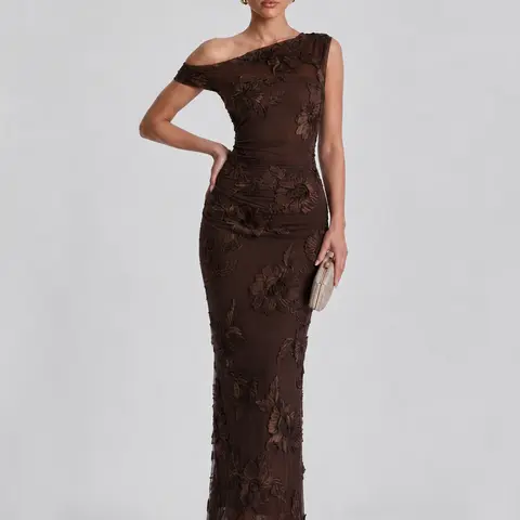 LikeMyChoice 2026 3D Floral Mesh 1-Shoulder Ruched Bodycon Mermaid Maxi Dress, Formal Evening Party Gown