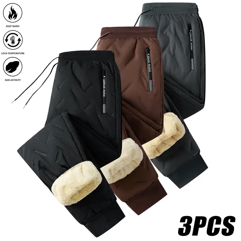 3-Pack,Men'S and Women'S Thickened Winter Jogger Pants with Plush Fleece Lining - Warm, Leak-Proof, Windproof, Adjustable Drawstring Waist, Zipper Pockets, Solid Color for Casual Home and Outdoor Use