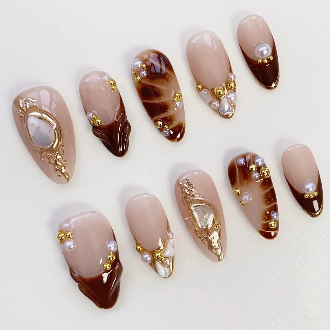 Amber Press On Nails Almond Nails/Brown Nails/Pearl Shell Nails/Fake Nails/Fritillaria Shell Nails/Birthday Holiday Nails/French Nails